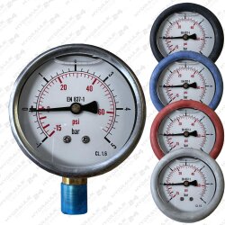 Hydraulik Manometer &oslash;63 mm Glycerin Edelstahl ECO-Line 0 bis 0,06 bar mit Staubschutz BLAU