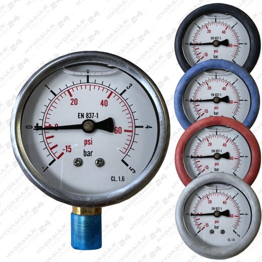 Hydraulik Manometer &oslash;63 mm Glycerin Edelstahl ECO-Line 0 bis 100 bar mit Staubschutz ROT