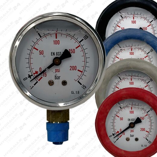 Hydraulik Vakuum Manometer ø63  mm Anschluss unten Glycerin Edelstahl -1 bis 15 bar