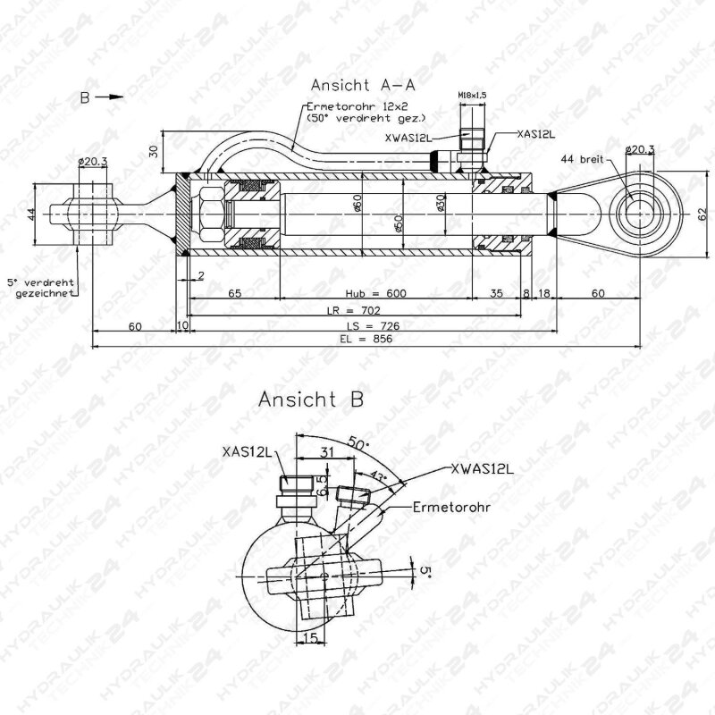 Doppelwirkender Hydraulikzylinder 50/28 – 630 Mm  Produktbild-Vorschau 2